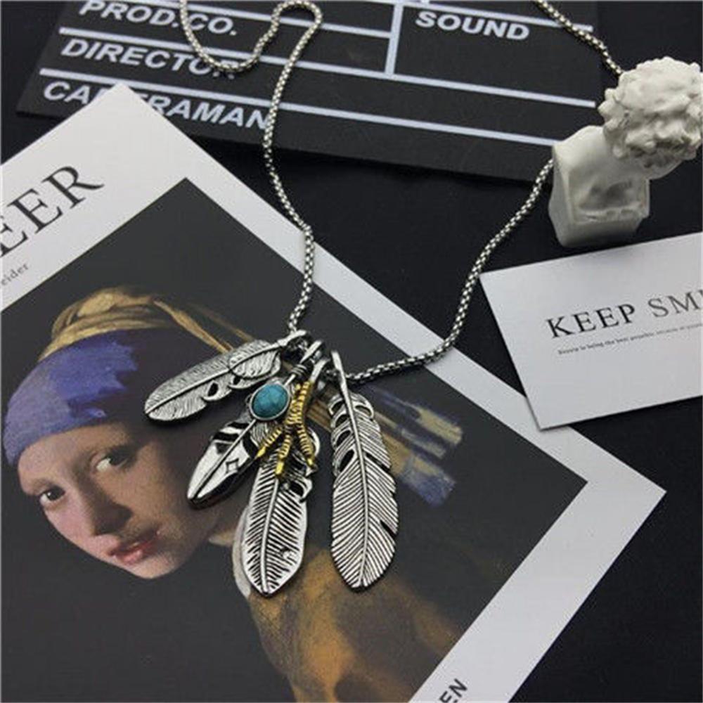 New Silver Color Taiko Chain Set Chain Style Turquoise Feather Necklace Women's Sweater Chain Fashion Jewelry Accessories Gifts