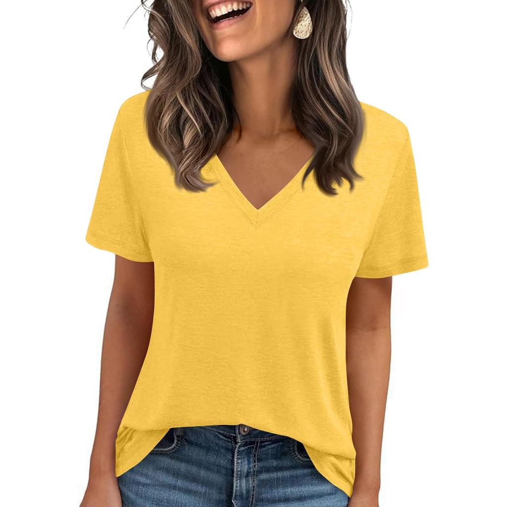 Womens' Fashionable And Casual Solid-color Basic V-neck Short-sleeved Top