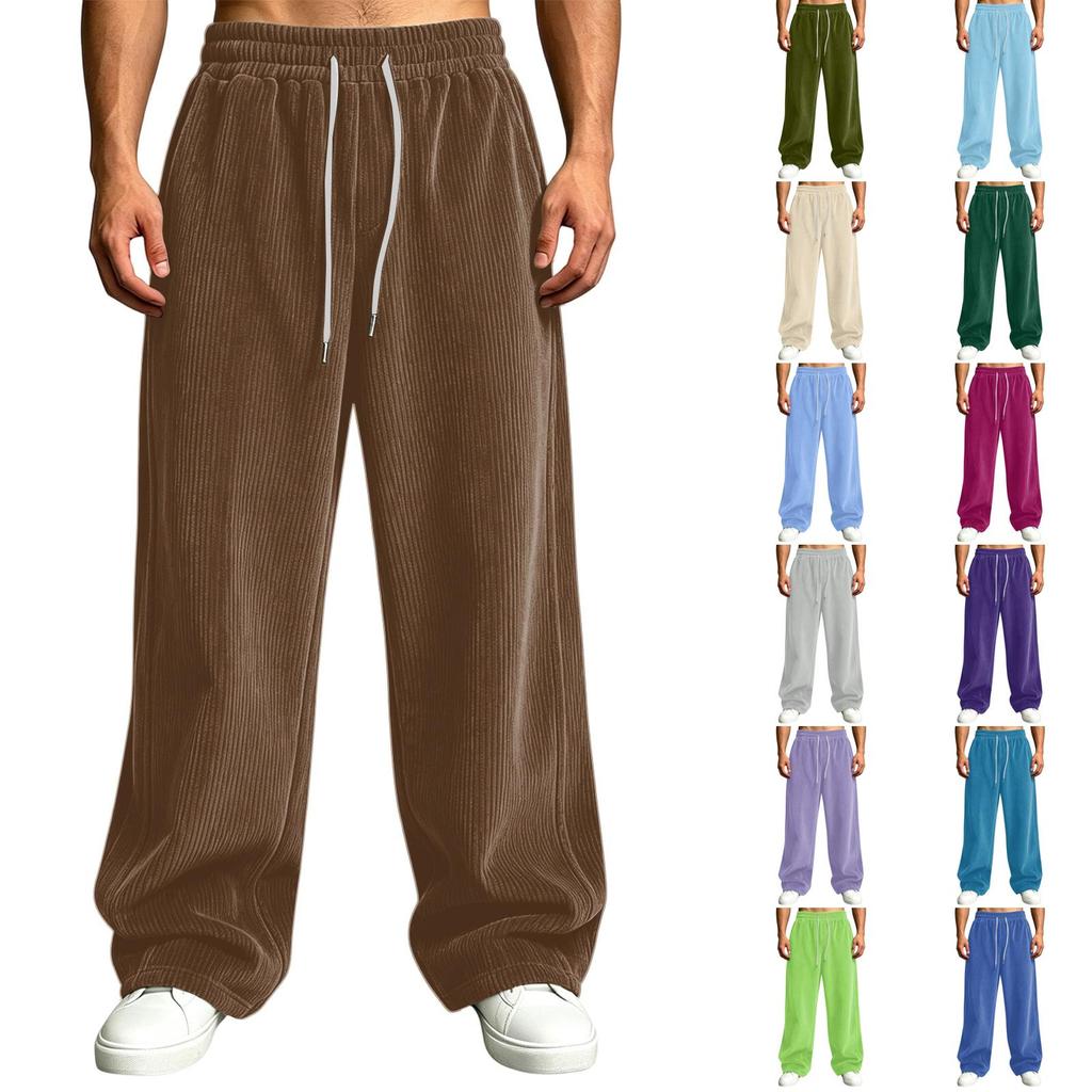 Pantalones de pana para hombre de cintura alta con bolsillos de corte holgado pierna recta ancha color casual