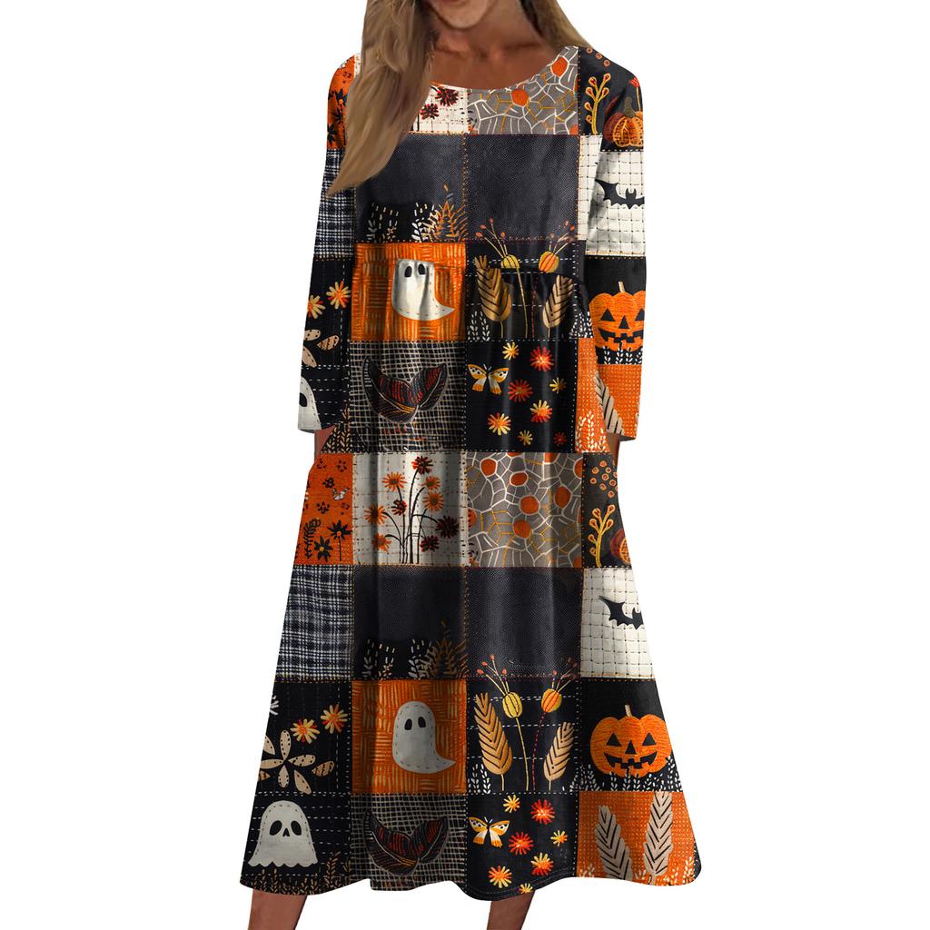 Women's Casual -neck Halloween Print Mid-length Dress Long-sleeved Dress With Pocket