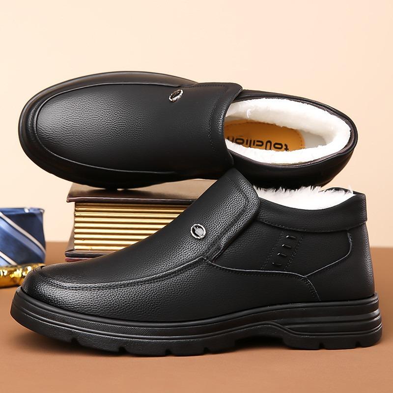 2025 Winter Men's Genuine Leather Cotton Shoes Add Wool Lining Wool Snow Boots Outdoor Warm Thick Work Ankle Boots Dad Footwear