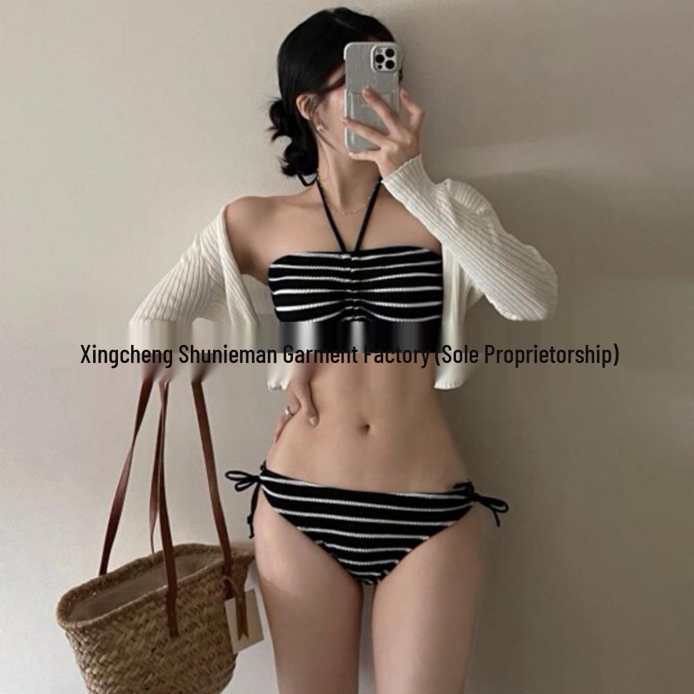 Špičkové korejské pruhované černé bikiny plavky pro ženy