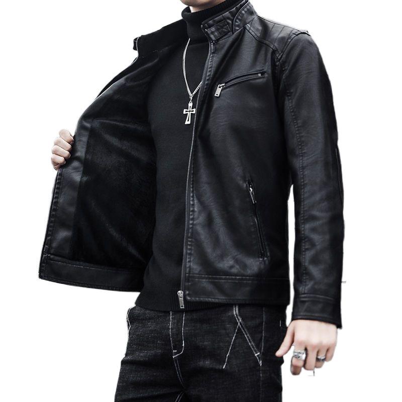 Men's Leather Jacket Spring and Autumn Thin Short Trendy Handsome Locomotive Leather Jacket Autumn and Winter Velvet Thickened Men's Jacket