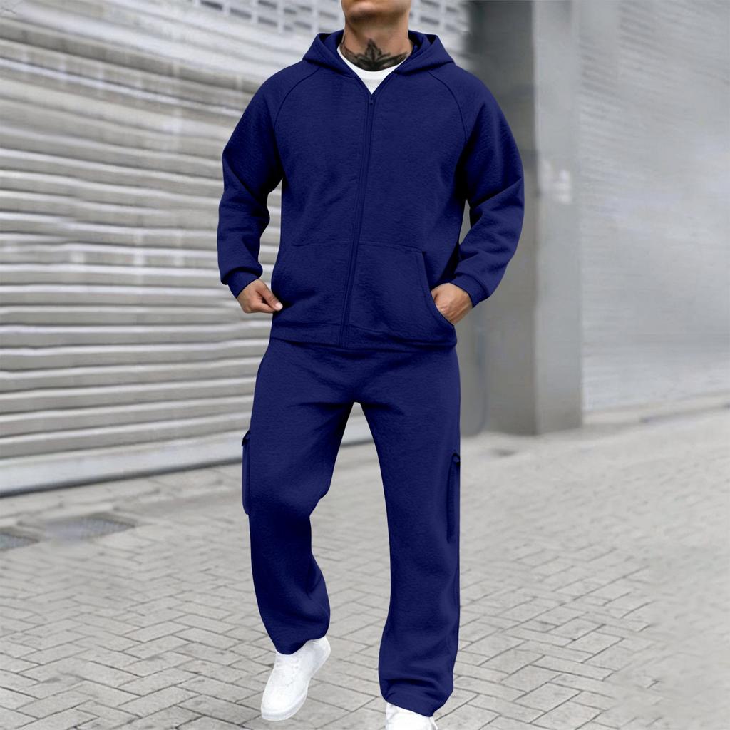 Men's Casual Two Piece Outdoor Set - Pullover Sweatshirt with Elastic Waist Cargo Pants