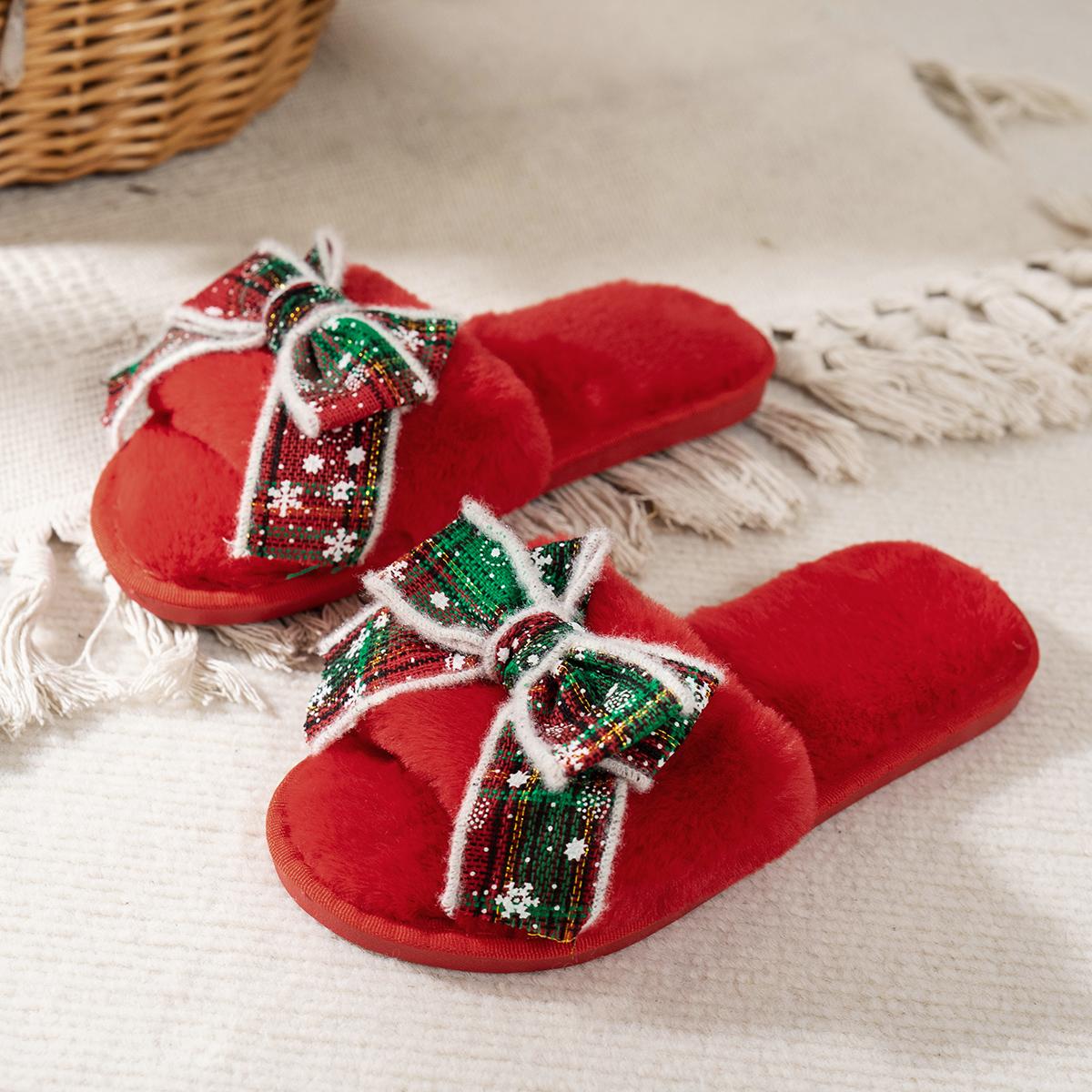 Теплые Плюшевые Клетчатые Бантик Рождественские Домашние Тапочки Женские Зимние Пушистые Меховые Удобные Шлепанцы Домашние Тапочки Женские Меховые Шлепанцы 36-37