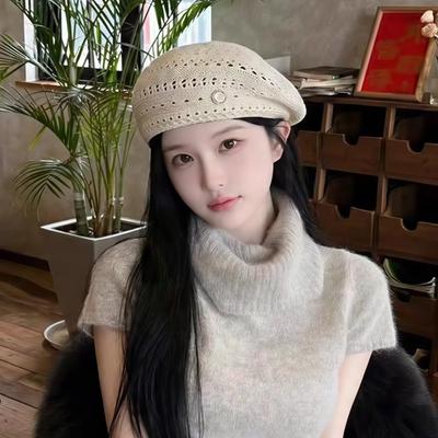 Korean Ins Hollow Knit Beret Hat Breathable Summer Lightweight Beanie Cap Versatile Thin Knitted Painter Caps Fashion Sun Hats