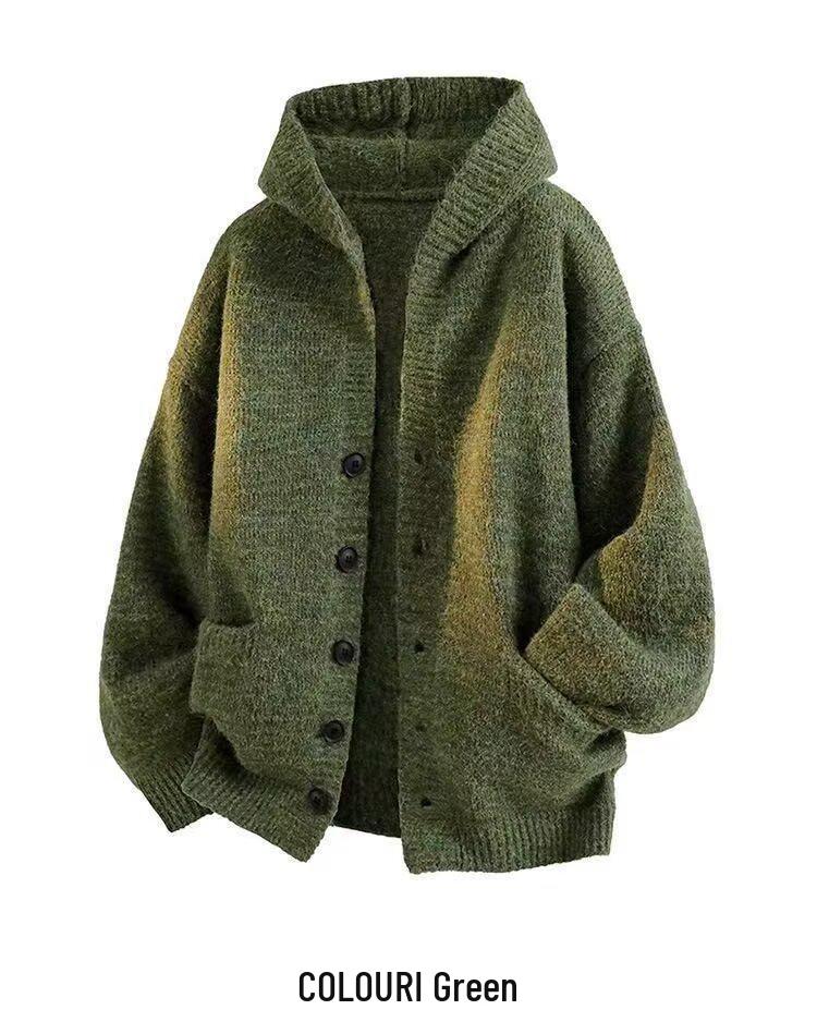 2025 Men's & Women's Dark Gray Hooded Knit Cardigan - American Style Casual Sweater for Autumn & Winter.