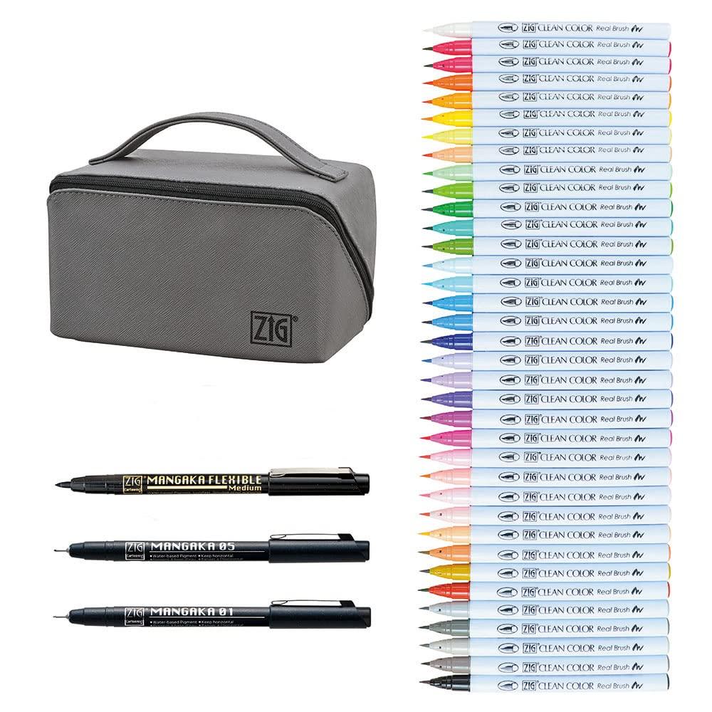 Kuretake Brush Pen Set: Clean Color Real Brush + MANGAKA with Pouch RBCN160/39V
