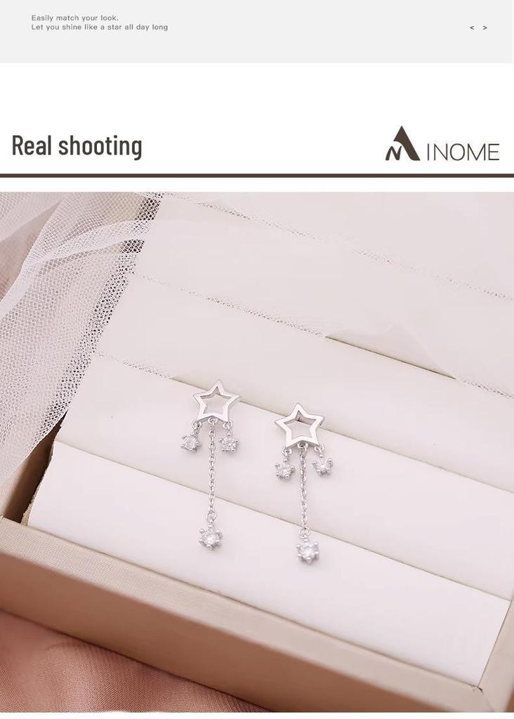 S925 Sterling Silver Hollow Star Tassel Earrings - Korean Style Delicate Drops
