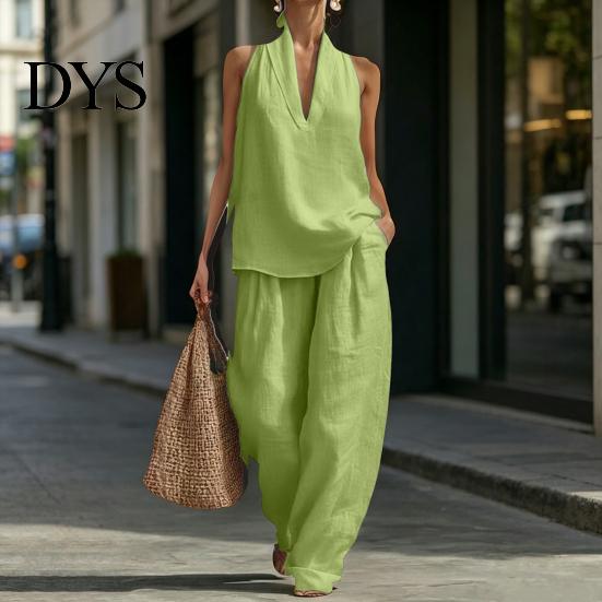 Einfaches Elegantes Anzug Zweiteiliges Baumwoll Leinen Sets für Damen Ärmellos V-Ausschnitt Lässig Formell Tragen Neckholder Top Passende Weite Hosen Sommerurlaub