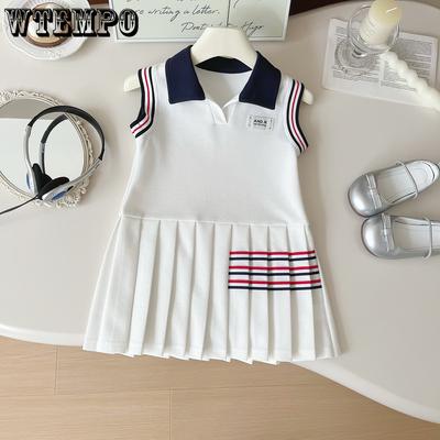 Sommerkleid für Mädchen Koreanisches Rippstrick-Polo-Kleid mit Schleifendetail Plissee-Kleid