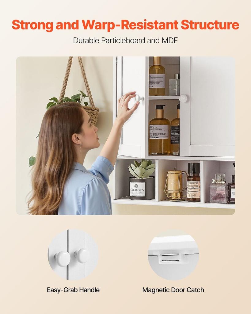 Bathroom Wall Cabinet, 2 Doors & Adjustable Shelf, Over the Toilet Storage Medicine Cabinet Wall Mounted, Hanging Organizer with Shelves & Open