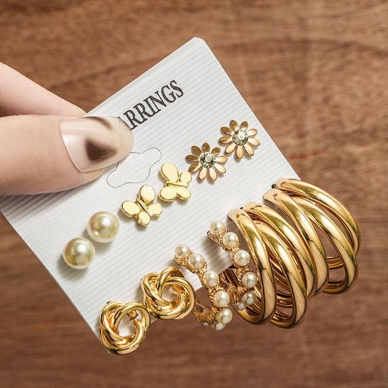 European & American Geometric C-Shaped Hoop Earrings: 6-Piece Gold & Pearl Wire-Wrapped Set for Women