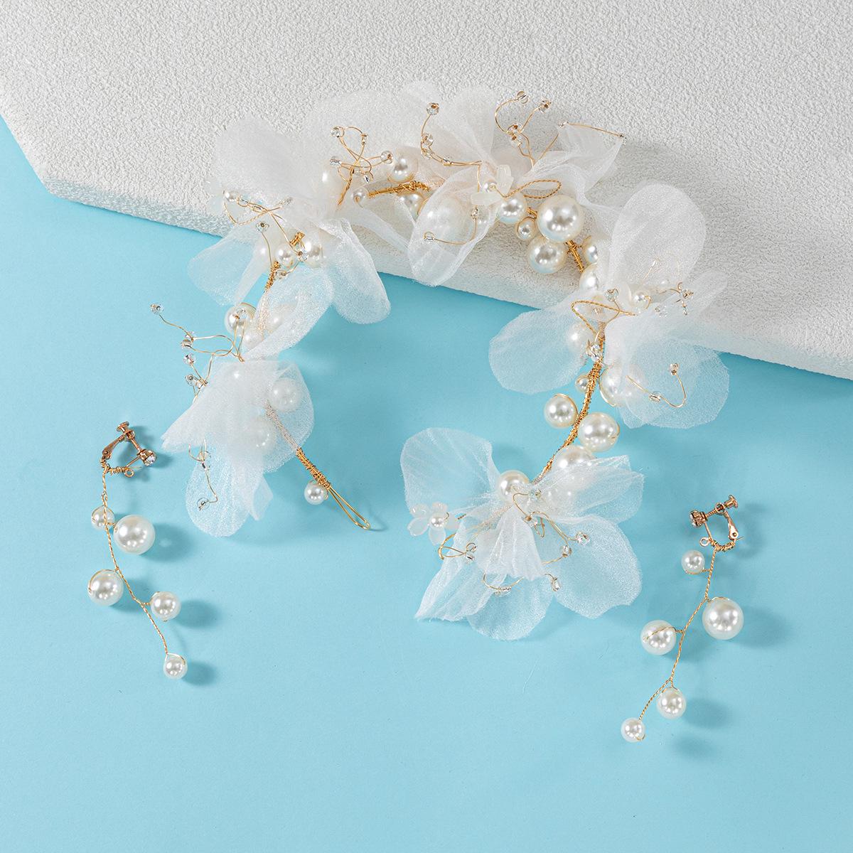Elegant White Silk Floral Headband & Faux Pearl Hair Accessory Set for Bridal Styling
