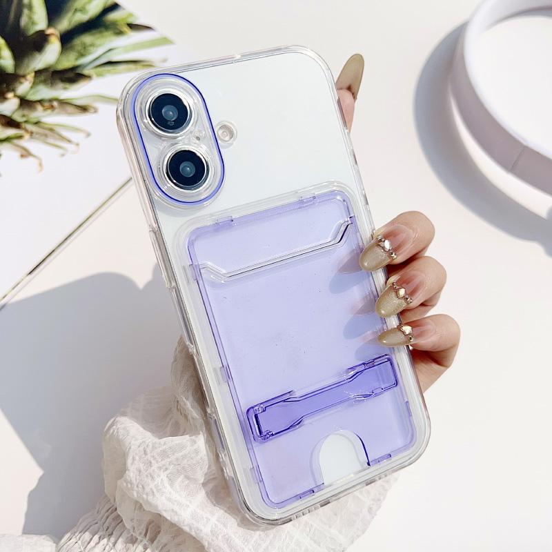New Solid Color Wallet Single Card Slot Fold Bracket Phone Case For iPhone 16 Pro Max 14 11 12 13 15 Pro Max Acrylic Back Cover