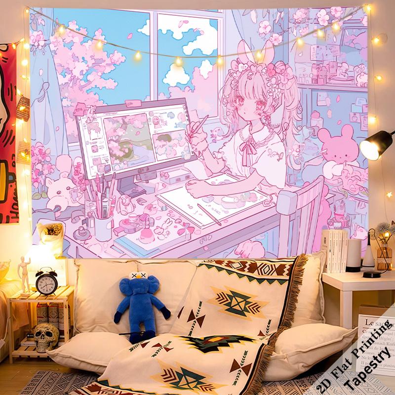 Cute Anime Girl Tapestry, Pastel Pink Aesthetic Wall Hanging, Kawaii Bedroom Decor for Dorm Living Room 100X70CM
