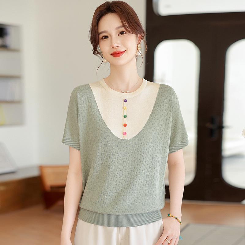 2026 Fashionable Summer Knit T-shirt - Stylish Two-Piece Design for Middle-Aged and Elderly Women M зелёный