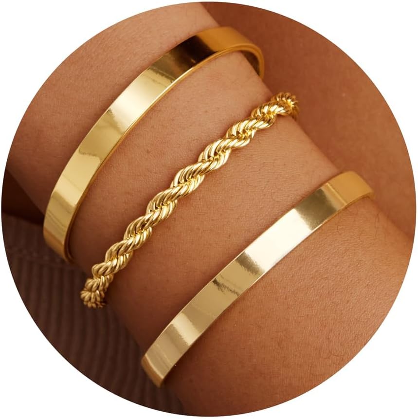 Gold Bangle Bracelets for Women, Waterproof 14K Gold Plated STAINLESS STEEL Non Tarnish Bangle Cuff Bracelet Set Stack Jewelry