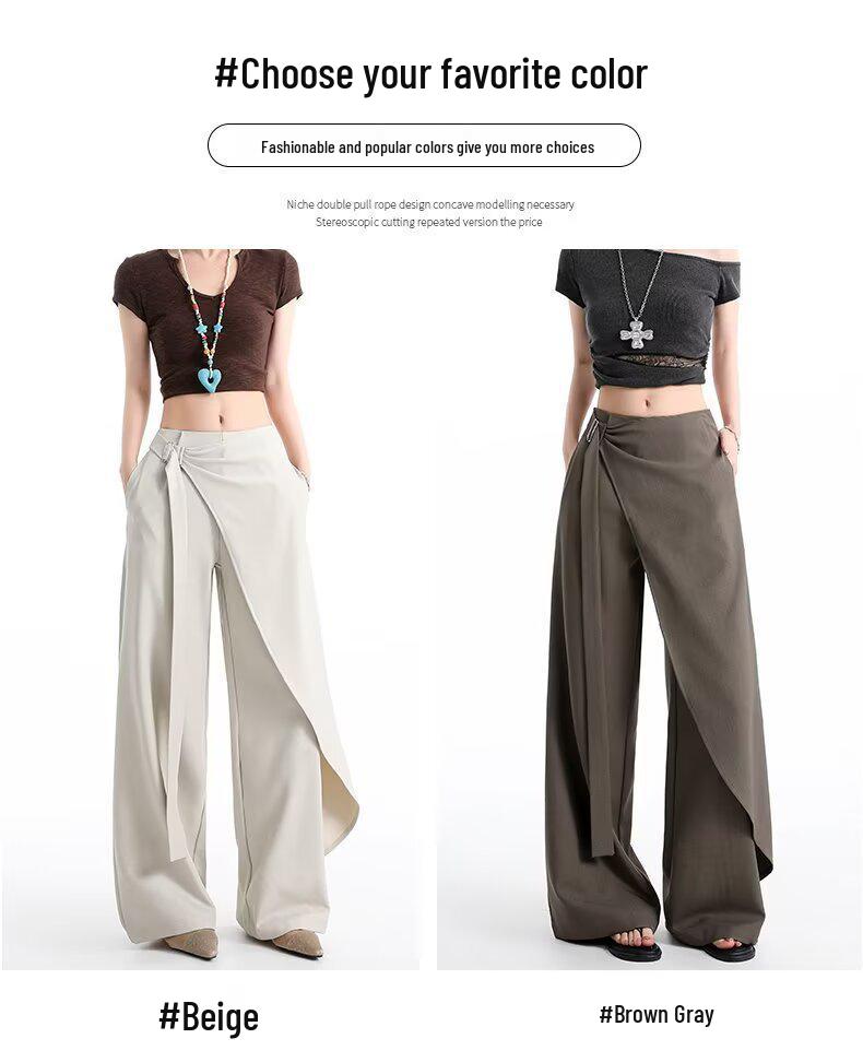 Women's Brown-Gray Wide-Leg Pants with Flowing Ribbons, 2026 New Style, Slimming, Good Drape, Casual Straight-Leg Suit Pants.
