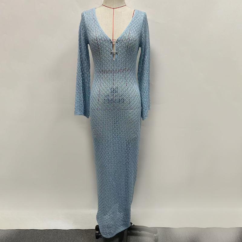 Tossy Vestido Maxi Cubre Traje de Punto Blanco Moda Femenina Transparente Cuello en V Calado Vestido de Vacaciones de Playa Punto Vestido sin Espalda