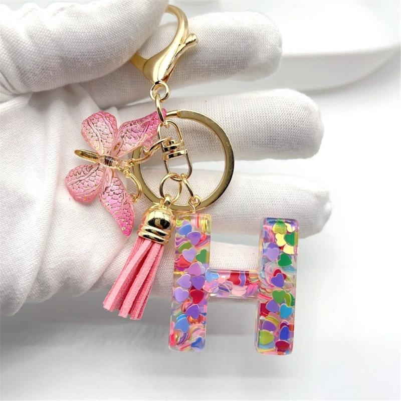 Quasten Schmetterling Anhänger Charm Schlüsselanhänger Bunte Herz Pailletten Initialbuchstabe Schlüsselanhänger für Rucksack Handtasche Autoschlüssel