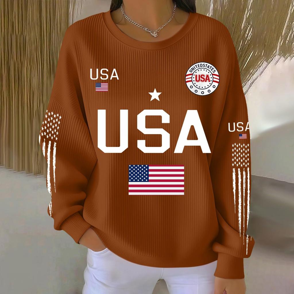 Bluza z długim rękawem z nadrukiem liter USA, z okrągłym dekoltem, casualowa, luźny krój, top dla kobiet, mężczyzn, unisex, wzór flagi