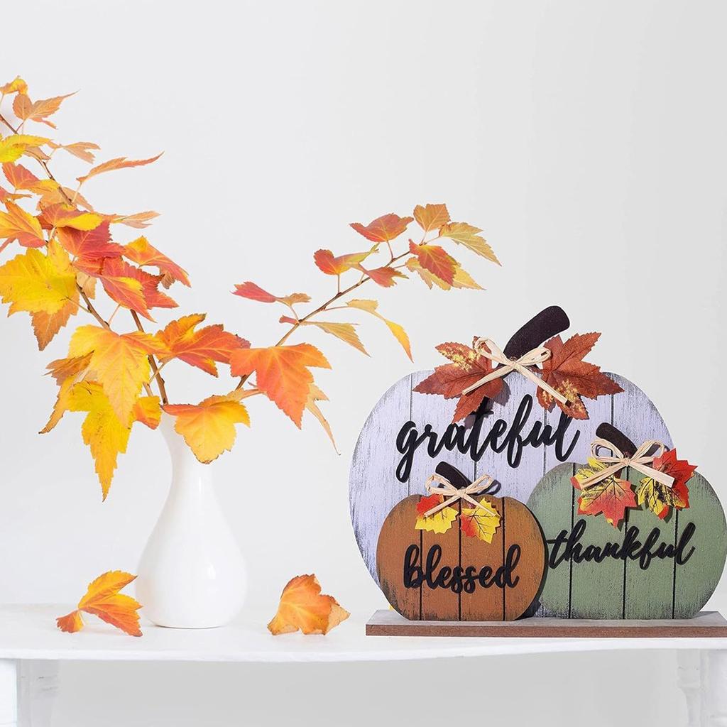 Fall Decorations For Home, Rustic Wooden Blessed GratefulHello Pumpkins Tabletop Sign Thanksgiving Decoration, For  Party