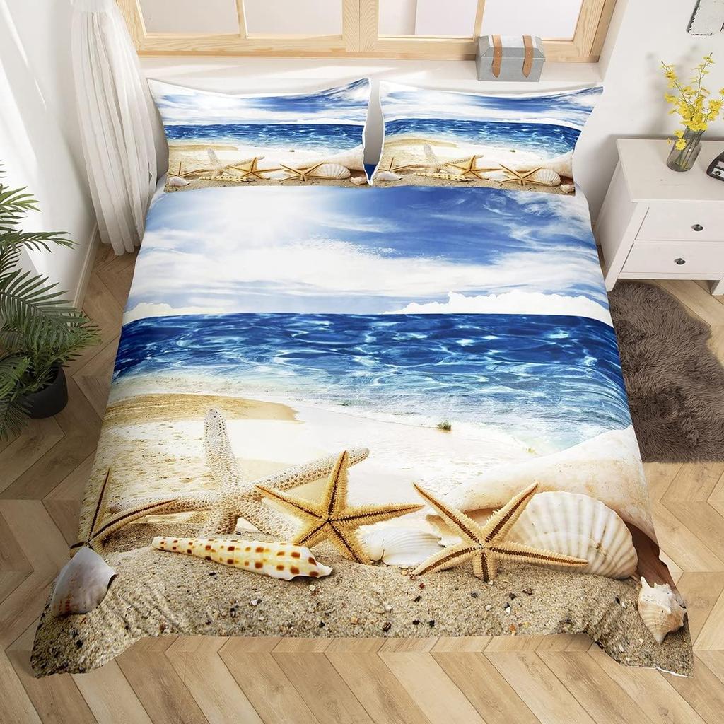 Summer Beach Theme Duvet Cover Twin Queen, Starfish Conch Seashell Bedding Set for Boys Girls Bedroom, Ocean Animal Bed Cover
