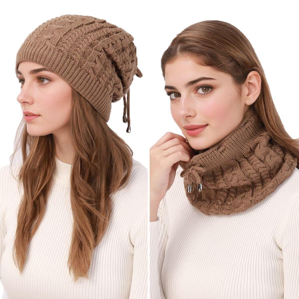 Europäischer & Amerikanischer Herbst/Winter Warmer Nackenwärmer mit Kordelzug - Doppelt tragbare Strickmütze mit Zopföffnung für Damen