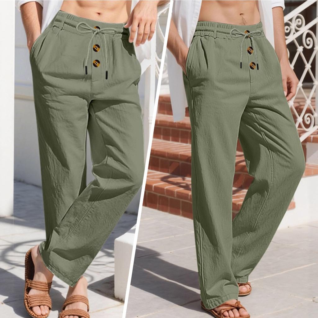 Men's Linen Pants Lightweight Drawstring Elastic Waist Loose Fit Straight Legs Pants With Pockets Breathable Beach Yoga Work Linen Trousers for Men