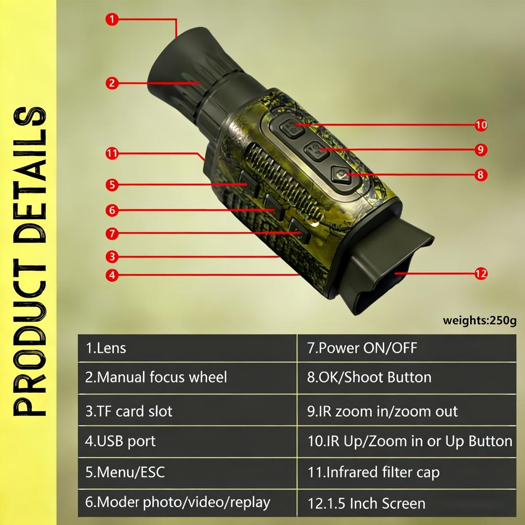 Night Vision Monocular Infrared Monocular with 2.7K Video 48MP Photos Digital Scope for Hunting Wildlife Observation Surveillance Night Vision Scope