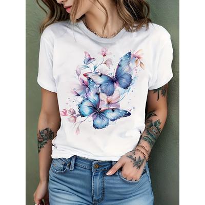 Sommermode Lässig Schmetterlingsdruck Bequem Weich Atmungsaktiv Locker Schlicht Damen T-Shirt