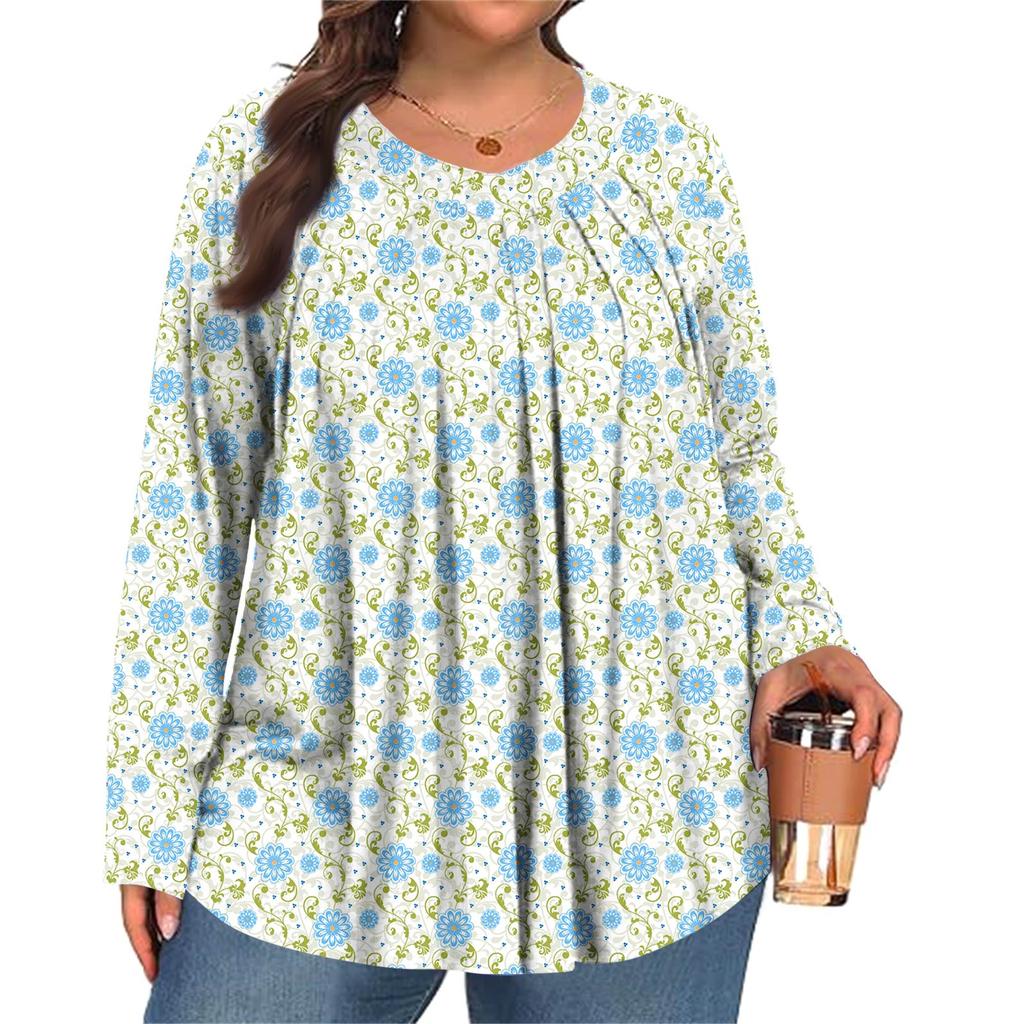 Dámská móda plus size Tištěný ležérní plisovaný top s kulatým výstřihem a dlouhým rukávem