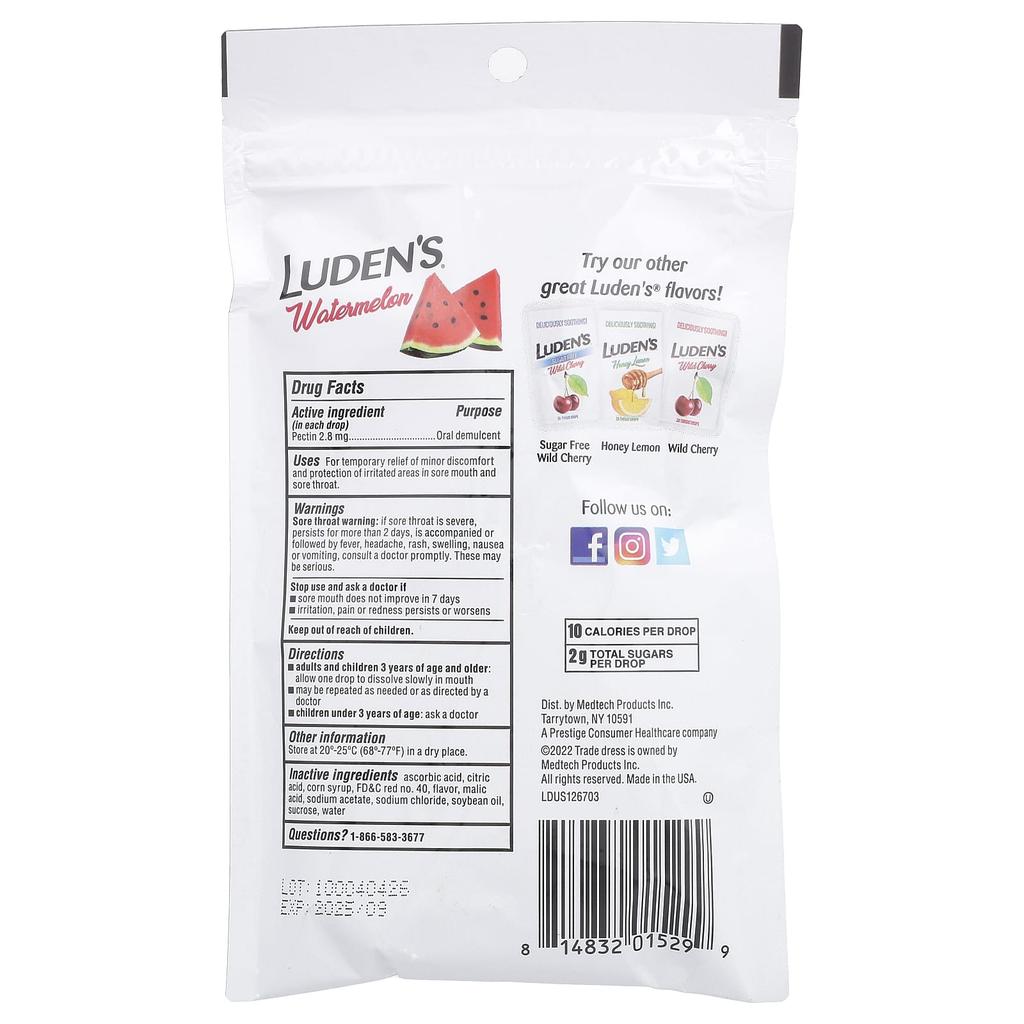 Luden'S, Pectin Lozenges/Oral Pain Reliever, Watermelon Flavor, 25 Lozenges