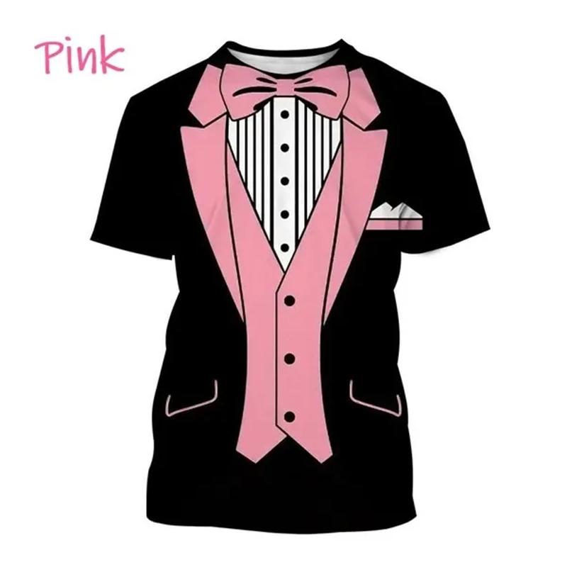 Summer Round Neck 3D Tuxedo Retro Tie Printed Top Fake Suit Tops Fashionable Casual Short Sleeved Men's T-shirts