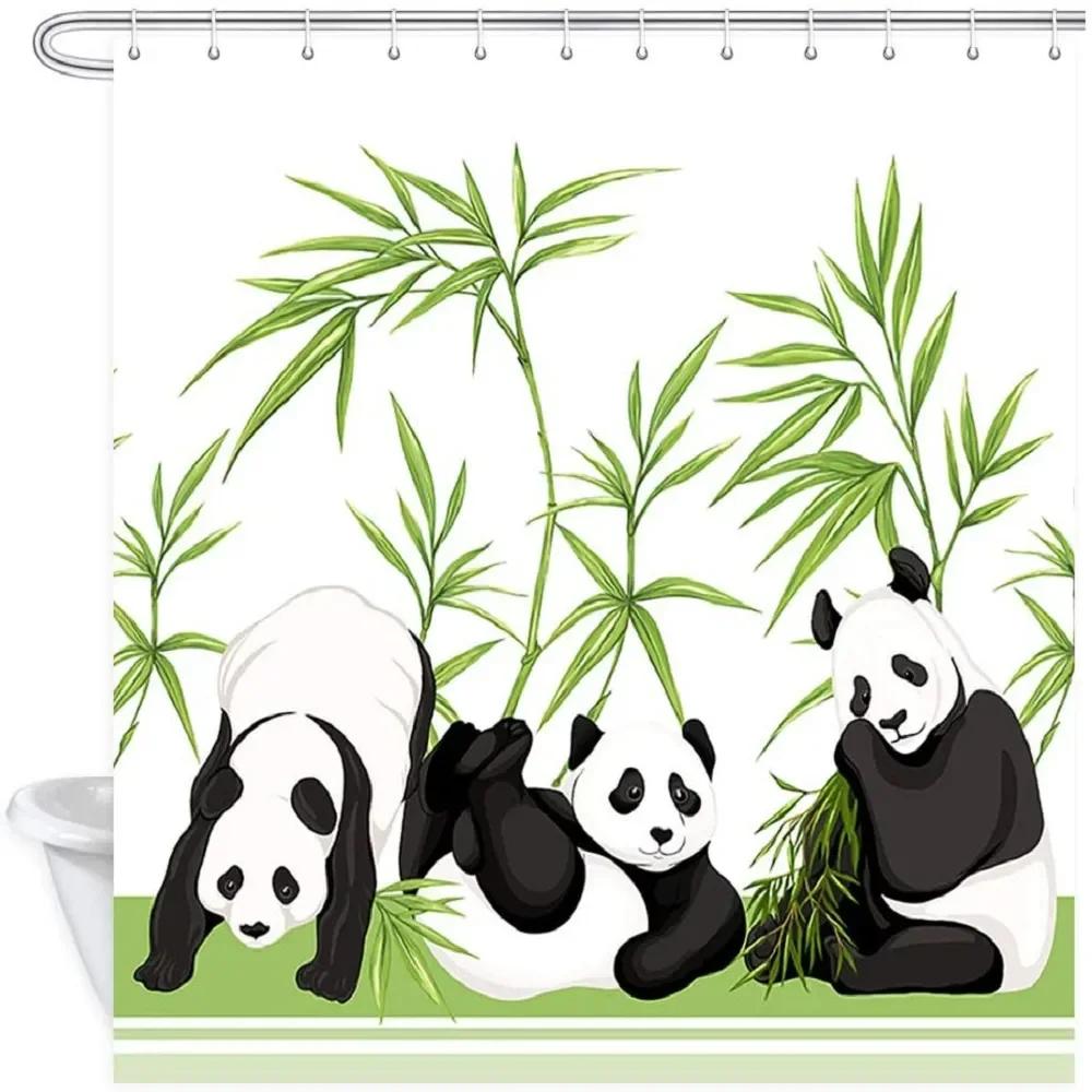 Panda Bamboo Shower Curtain, Cartoon Funny Cute Blue Sky Rainbow Kids Bamboo Forest Animals Birds, Bathroom Decorative Fabrics