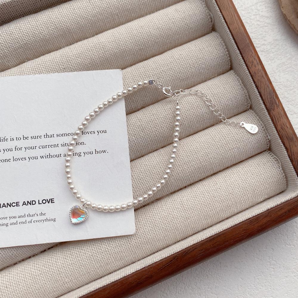 Color-Changing Heart Moonstone and Pearl Sterling Silver Bracelet - High-End Light Luxury Women’s Beaded Bracelet Pure Silver серебряный