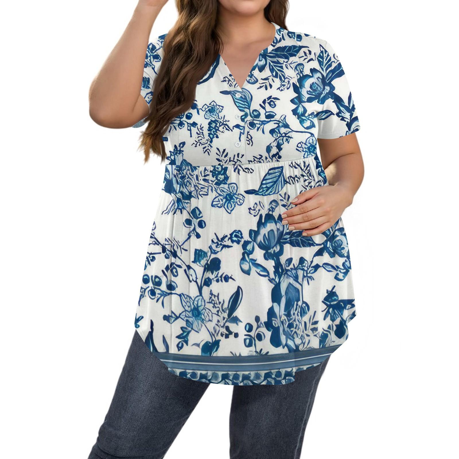 

Женский принтованный топ большого размера с V-образным вырезом и застежкой на пуговицы, повседневный топ с короткими рукавами и свободным кроем XXXXL синий