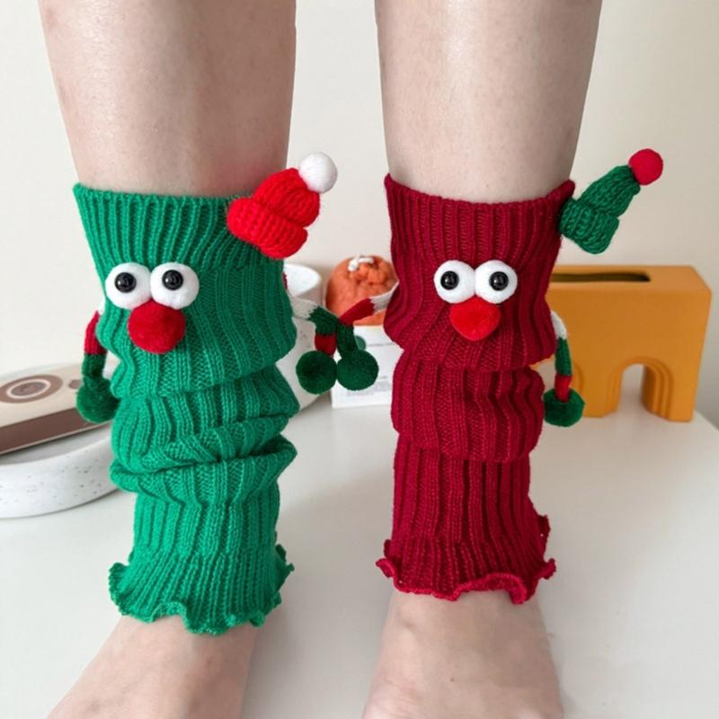 Christmas Holiday Leg Covers 3D Santa Hat Doll Magnetic Hand Holding Leg Warmers Socks with Big Curious Eyes for Women