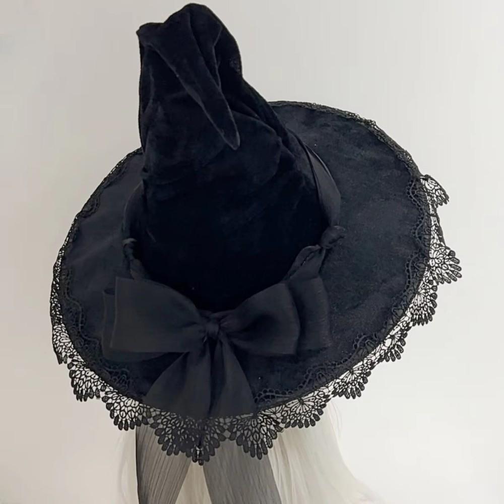 Lace Trim Wizard Hat Bandage Bow Lolita Bucket Hat New Witch Pointed Hat  Halloween Party