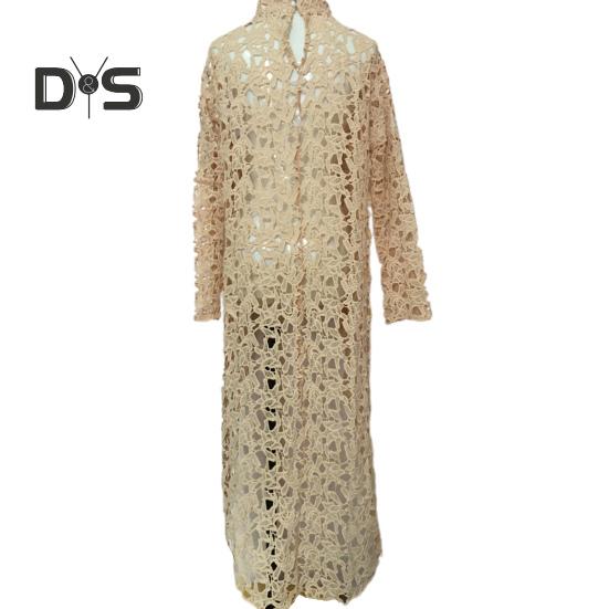 Women Long Top Cutout Irregular Crochet Lace Floral Patchwork See-through Short Front And Long Back Blouse Half-High Collar Long Sleeve Dress