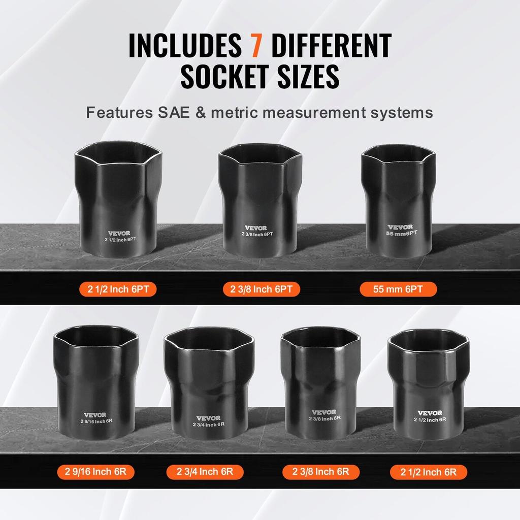 Wheel Bearing Locknut Socket Set 1/2 in Drive 7 Pcs SAE and Metric 6-Point