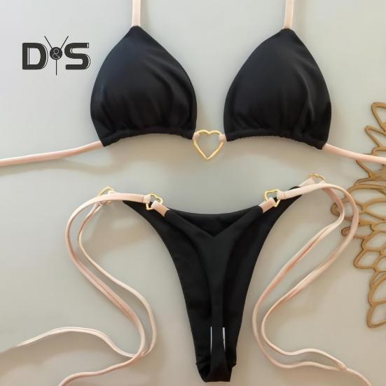 2Pcs/Set Women Bikini Set Heart Metal Buckle Halter Lace-up Swimsuit with Briefs Set Quick Drying Beachwear