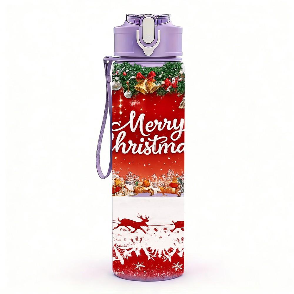 1PC Merry Christmas Red Festive Print 750ml Color Plastic Sports Water Bottle Leakproof Flip Straw Lid Suitable for Sports Office Home Use