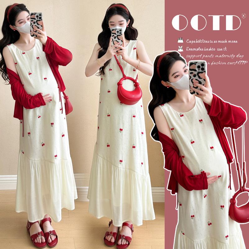 2026 Summer Maternity Two-Piece: French Style Sun-Protection Cardigan + Sweet Cherry Vest Dress 2XL