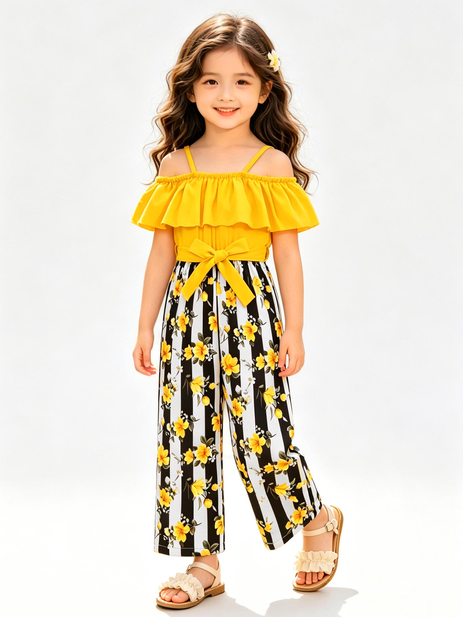 Girls 110-170cm Spring Summer Elegant Floral Print Off-Shoulder Belted Ruffle Trim Jumpsuit 110 жёлтый