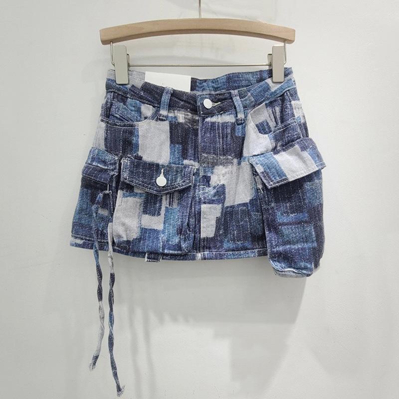 European and American style summer new printing and dyeing multi-pocket design loose and versatile short skirt women's tooling denim skirt