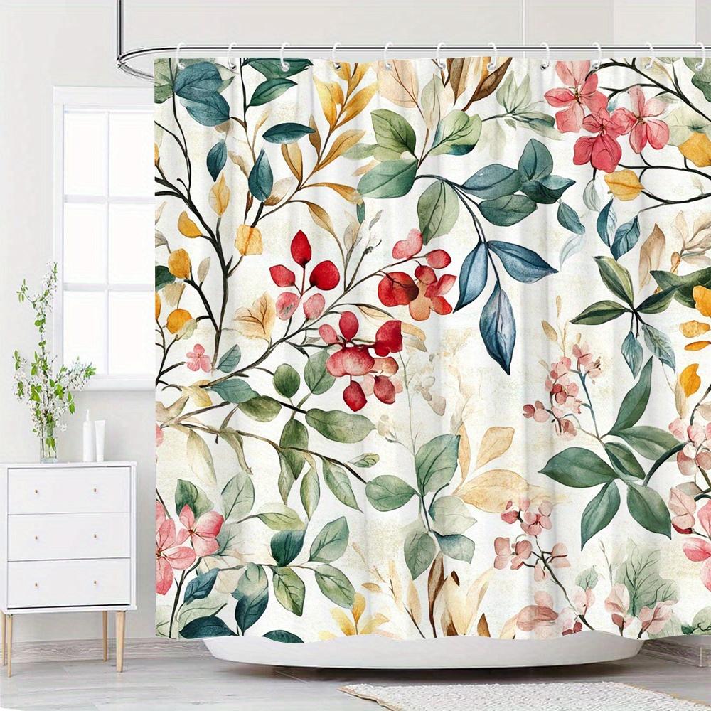 1pc Watercolor Floral Shower Curtain - Intricate Branches & Leaves, Vibrant 4-Color Blend, Polyester, 12 Hooks, Whimsical Design W90XH180cm