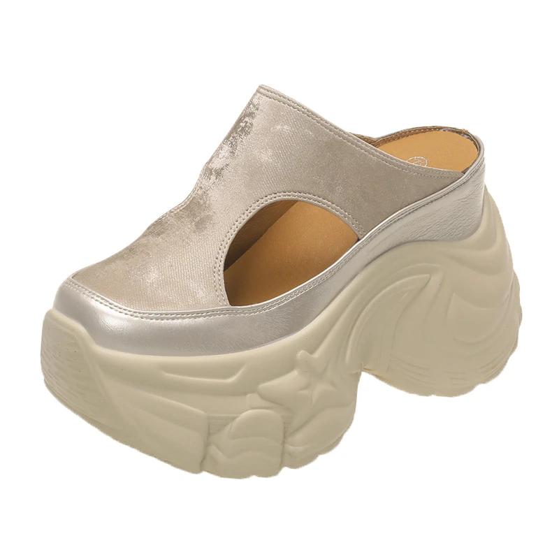 Fashion 10CM High Heels Slippers Round Toe Platform Flats Fabric Women Wedge Sandals Platform Wedge Flats Shoes Slip on Summer Sneakers