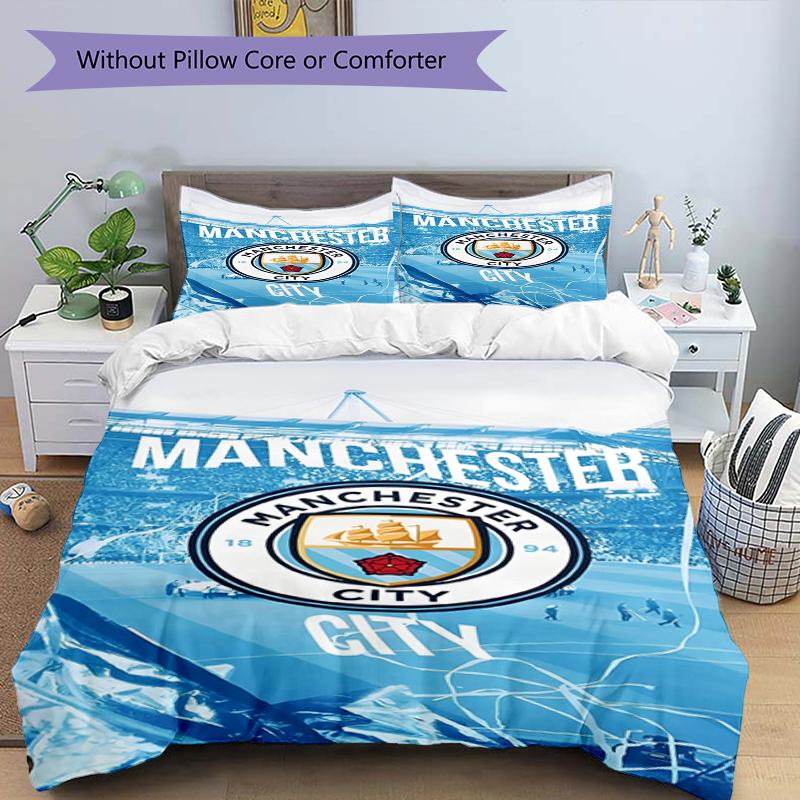3pcs Duvet Cover Set (1*Duvet Cover + 2*Pillowcase, Without Core),Manchester City FC Print Bedding Set, Bedroom Decor, All‑Season, Birthday Gift